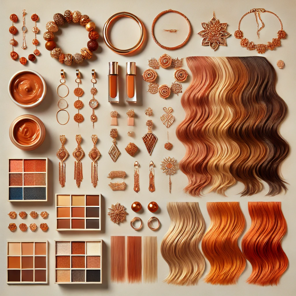 A high-quality image showcasing accessories and hair colors ideal for warm undertones. The image features gold earrings, copper bracelets, and rose gold necklaces, arranged alongside hair color swatches including rich browns (chestnut, chocolate, mahogany), golden blondes (honey blonde, caramel, butterscotch), and warm reds (copper, auburn, cinnamon). The elements are displayed against a light, neutral background, emphasizing how these colors and accessories enhance the natural warmth of the skin.