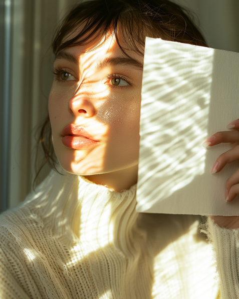 A woman holding a white piece of paper next to her face in natural light, used to demonstrate the paper test for determining cool skin undertones.