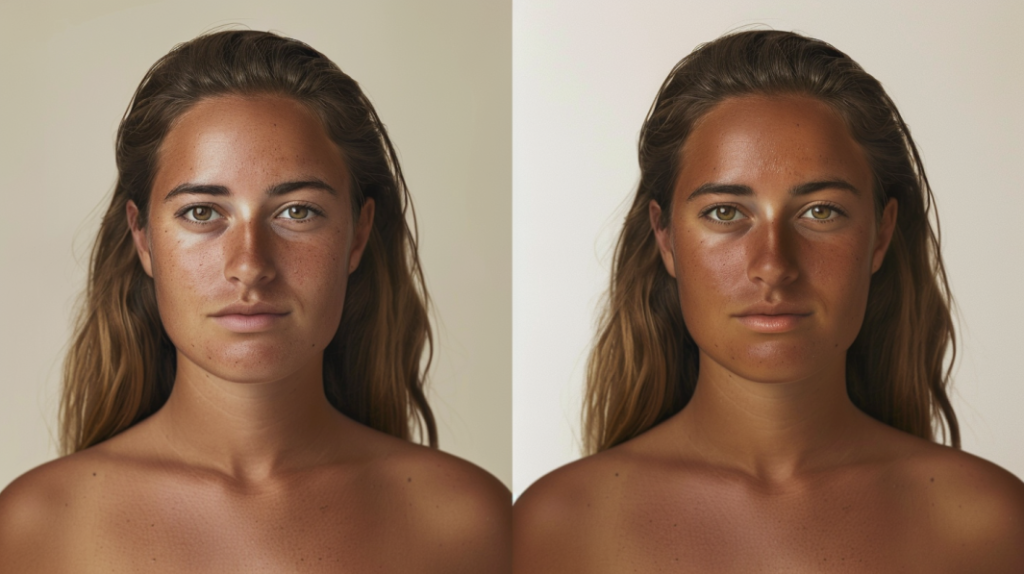 A before-and-after image showing the difference between tanned skin and burned skin.