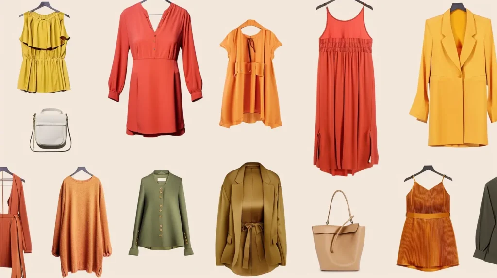 A high-quality image showcasing various clothing items in colors that complement warm undertones. The items include a coral dress, a golden yellow blouse, burnt orange pants, a warm red jacket, an olive green blouse, and a mustard skirt. The clothes are arranged in a visually pleasing layout against a light beige background, highlighting the vibrant colors. The image also features accessories such as a white handbag and a tan tote bag. The colors evoke images of autumn leaves, sunsets, and golden fields, making them perfect for enhancing the natural warmth of warm undertones.