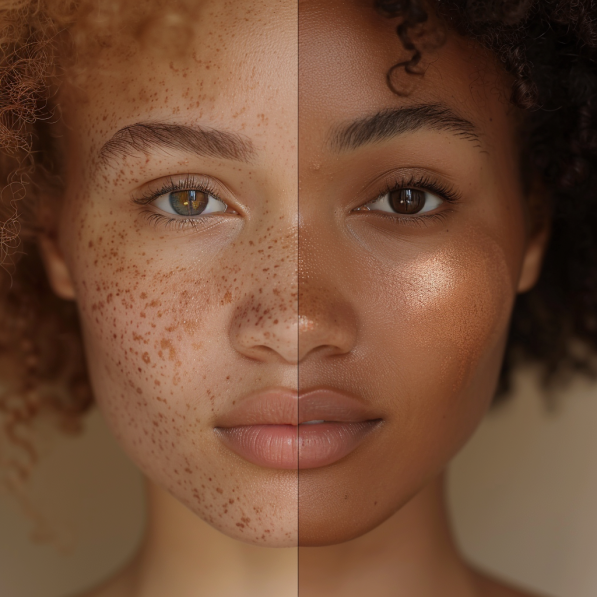 Side-by-side comparison image showing two women with different skin tones and undertones. The left side features a woman with light skin and freckles, while the right side shows a woman with dark skin and a golden glow, highlighting the contrast between cool and warm undertones.