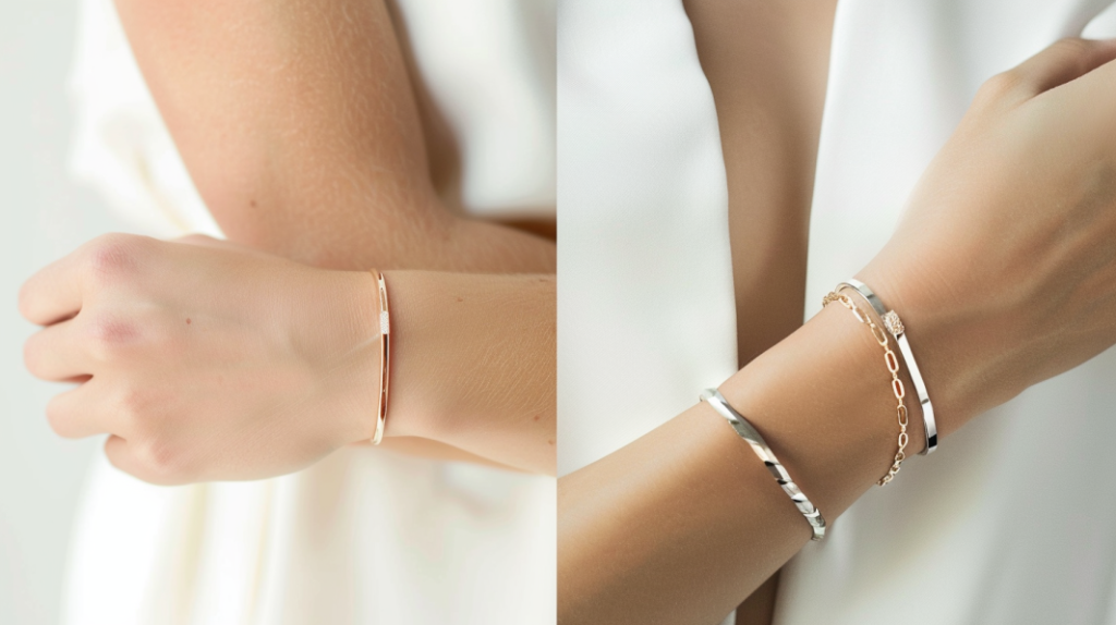 Side-by-side comparison of gold and silver jewelry on a model's wrist.