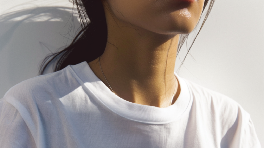 A model wearing a white T-shirt in natural light, with a focus on how the skin looks against the white backdrop.