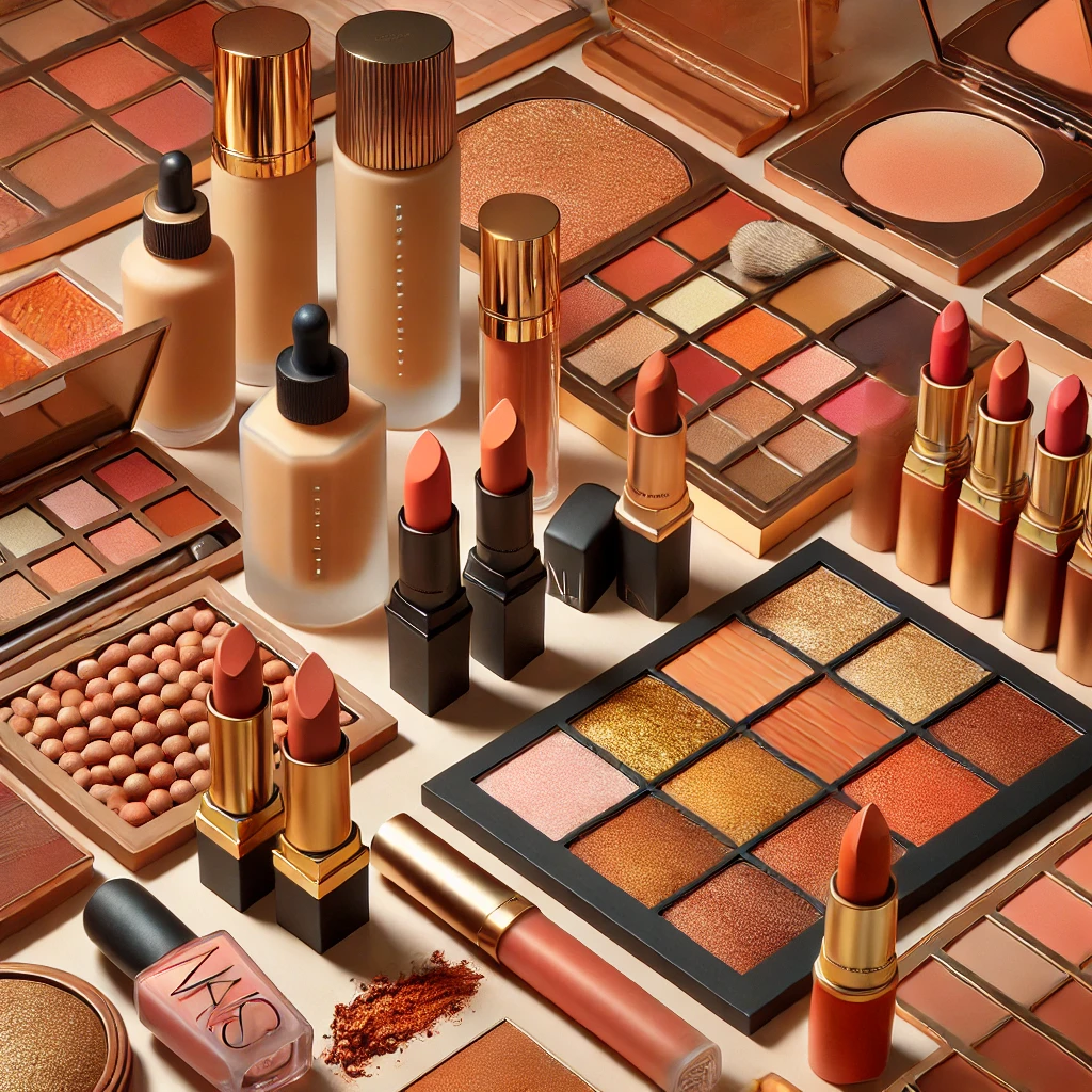 A flat lay of various makeup products in warm, earthy tones including foundations, lipsticks, eyeshadow palettes, blushes, and highlighters arranged neatly on a surface, showcasing a rich array of shades and textures suitable for diverse skin tones.