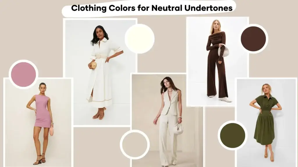 Fashion collage showcasing clothing colors for neutral undertones. The image features models dressed in outfits reflecting a neutral color palette, including muted pink, off-white, taupe, olive green, and beige. Each outfit is framed by corresponding color swatches, providing a visual guide for those with neutral undertone skin.