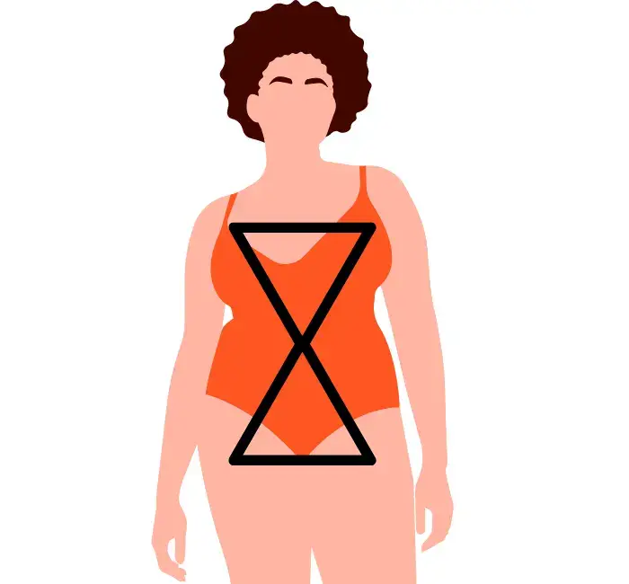 Illustration of a curvy woman with an hourglass figure, outlined by a black X-shaped guide highlighting her balanced bust and hip proportions with a defined, narrower waist, against a light background.