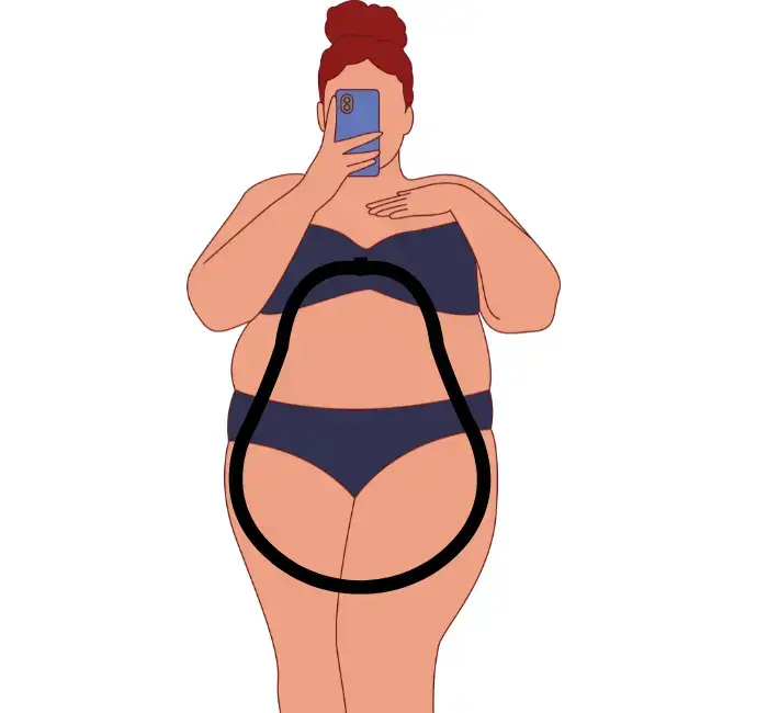 Illustration of a curvy woman with a pear body shape, taking a selfie, accentuated by a black outline around her fuller hips and thighs, demonstrating her narrower upper body and defined waist, set against a neutral background.