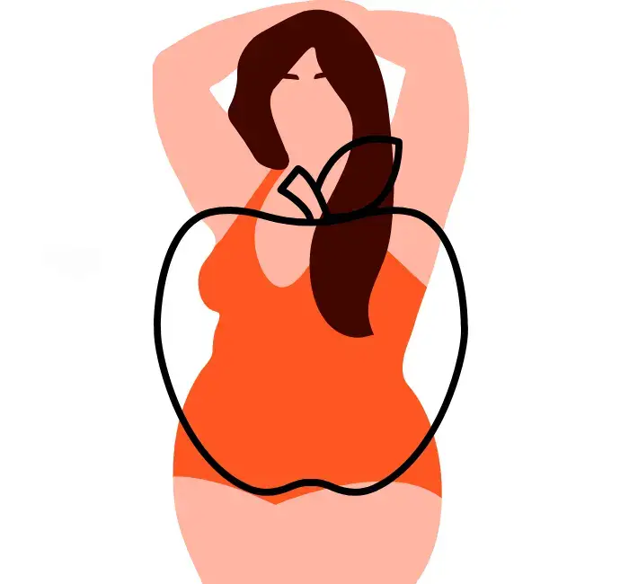 Illustration of a curvy woman with a pear body shape, taking a selfie, accentuated by a black outline around her fuller hips and thighs, demonstrating her narrower upper body and defined waist, set against a neutral background.