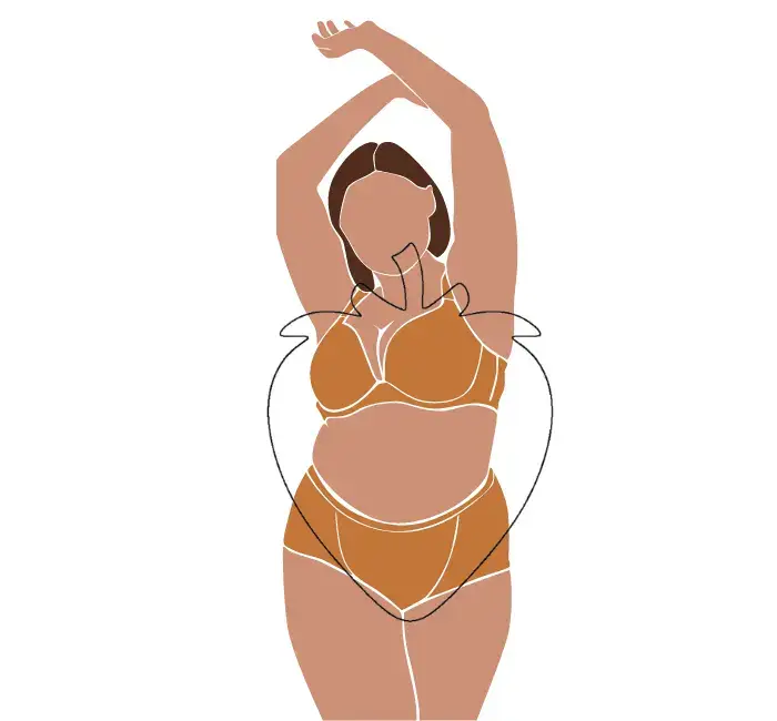 Illustration of a woman with an inverted triangle body shape, also known as the strawberry shape, depicted in a dynamic pose with one arm raised. Her figure is outlined to emphasize broad shoulders and a slender lower body, set against a light background.