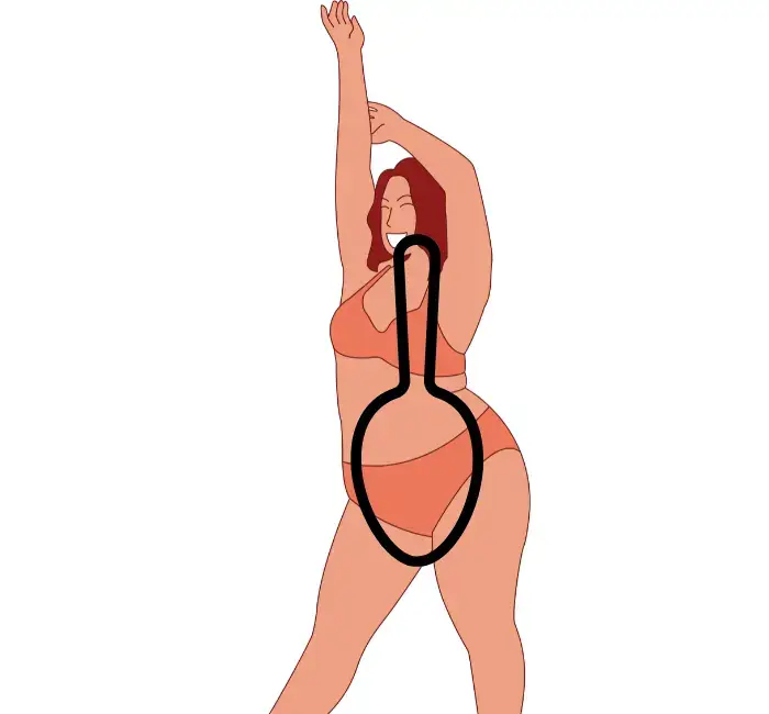 Illustration of a curvy woman with a spoon body shape, depicted in an energetic pose with her arm stretched upwards. Her silhouette features a pronounced outline emphasizing fuller hips and a smaller waist, set against a plain background.