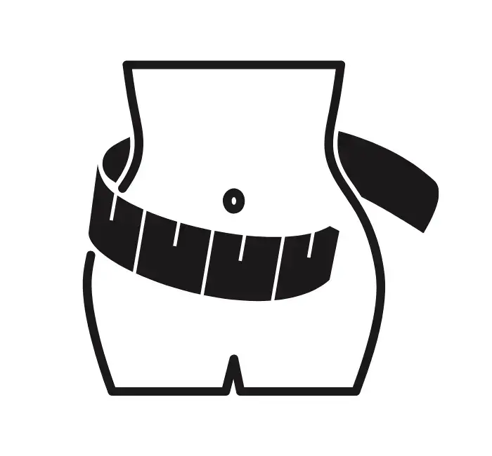 Black and white illustration of a tape measure wrapped around a curvy lower torso, highlighting the waist area to emphasize measurements, set against a plain background.