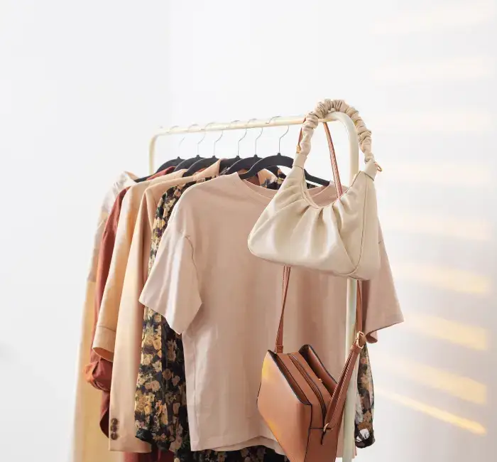 female beige capsule summer wardrobe in white room