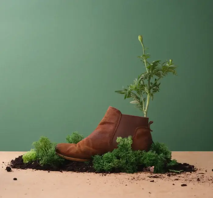 A brown leather boot with a plant growing out of it is surrounded by green moss and soil, symbolizing sustainability and eco-friendly practices against a green background.