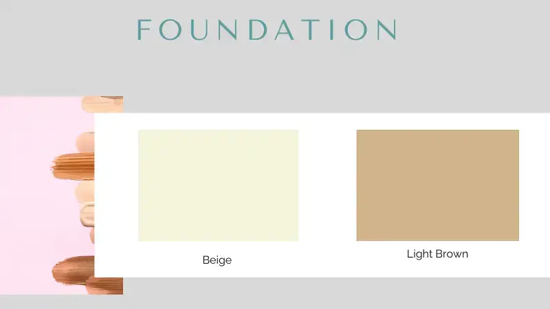 A foundation color guide showing two neutral shades, Beige and Light Brown, against a soft gray background. The image features swatches of foundation colors on the left, blending into the guide on the right.