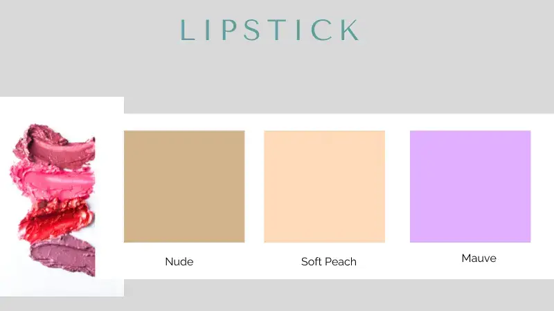 A visually appealing image displaying three lipstick shade swatches ideal for neutral undertone skin. The swatches are labeled Nude, Soft Peach, and Mauve, arranged horizontally across a light gray background. On the left, an assortment of lipstick shades is shown smeared together, emphasizing the variety of colors suitable for neutral skin tones.