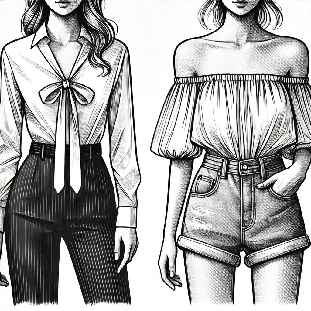 side-by-side black-and-white illustrations comparing tie-front blouses with off-the-shoulder blouses