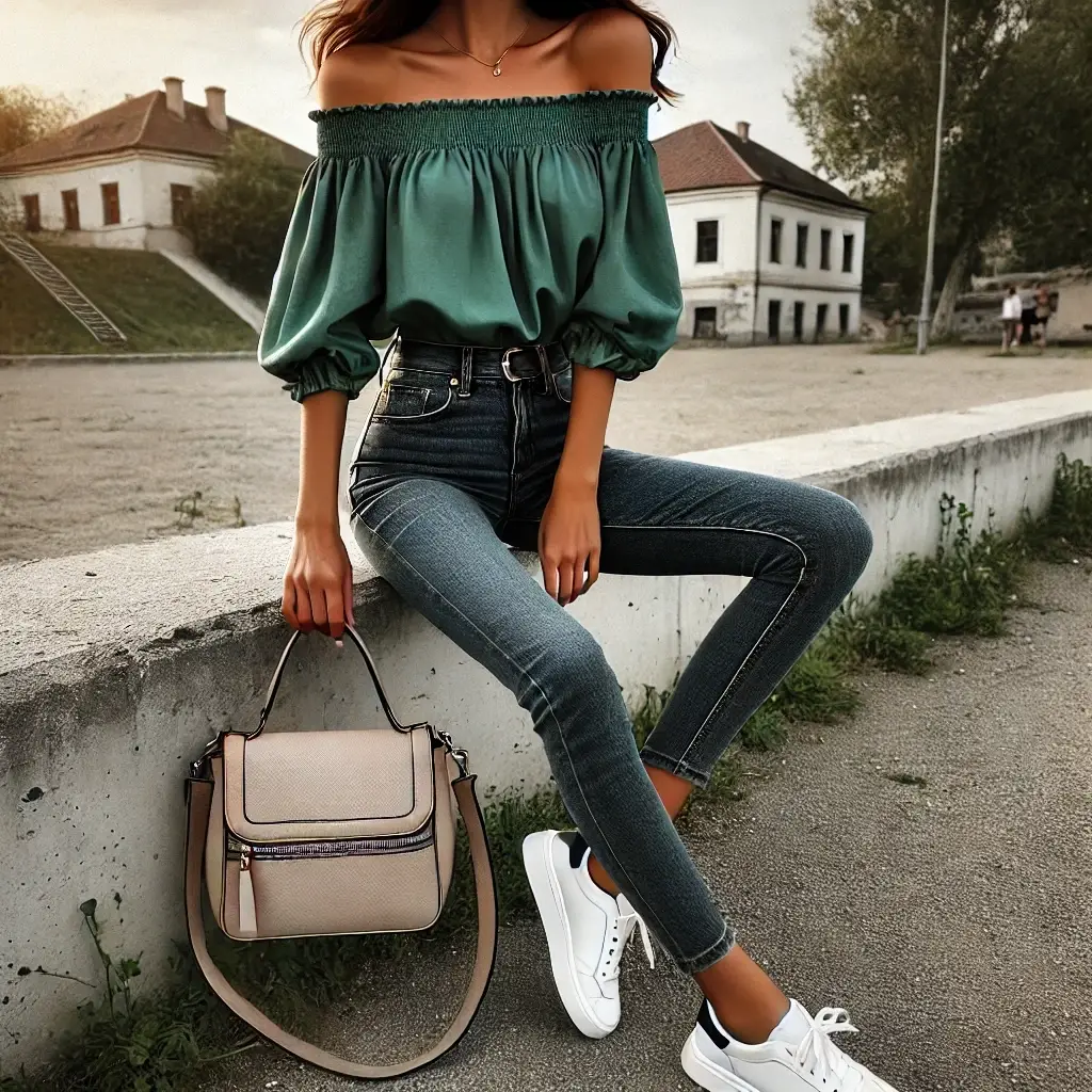 A casual daytime outfit featuring an emerald off-the-shoulder blouse paired with skinny jeans and white sneakers.