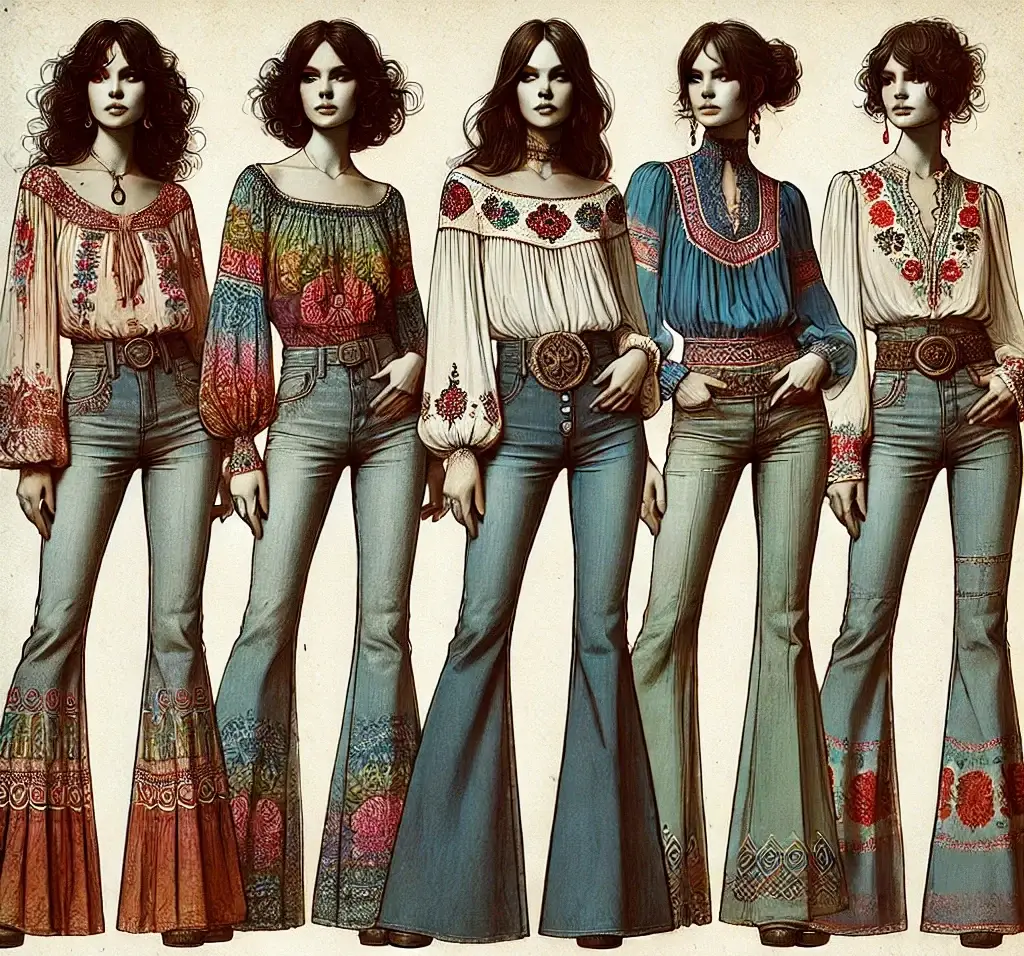 A single vintage-style image showcasing multiple 1970s outfits styled with peasant blouses and bell-bottom jeans, arranged side by side with no overlapping.