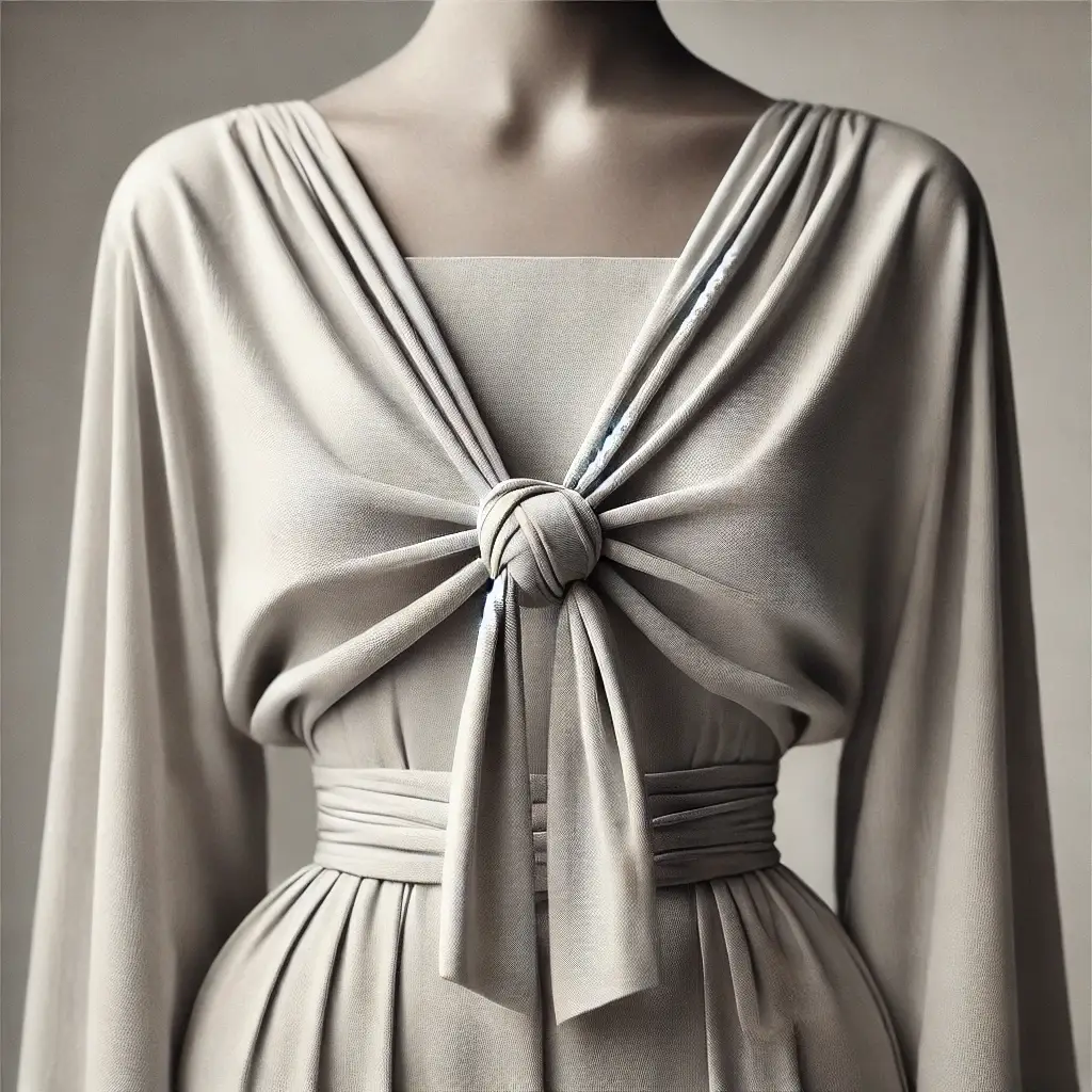 A single high-quality image showing the final result of a square knot method for tying a blouse in the front.