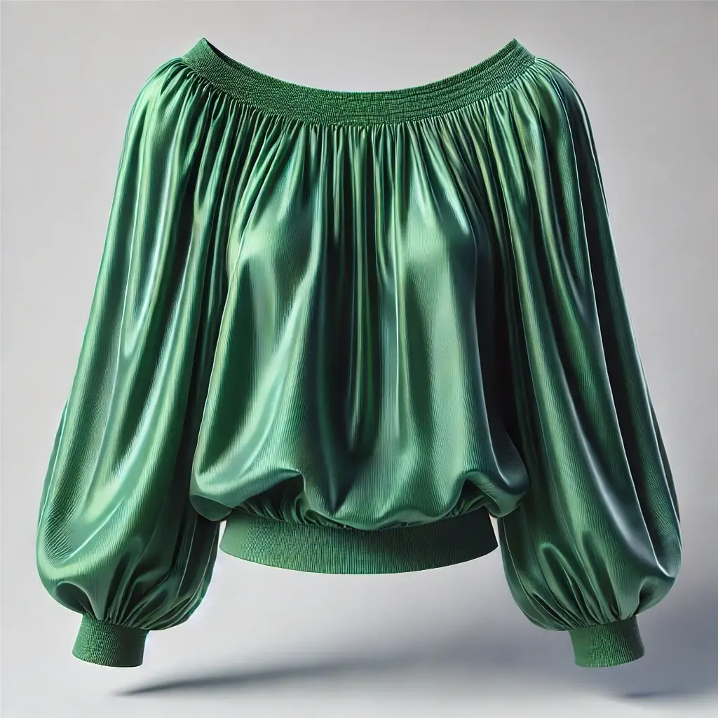 A realistic illustration of an emerald green off-the-shoulder blouse. The blouse features a soft, flowing fabric with slightly puffed sleeves and elasticated edges at the shoulders and cuffs.