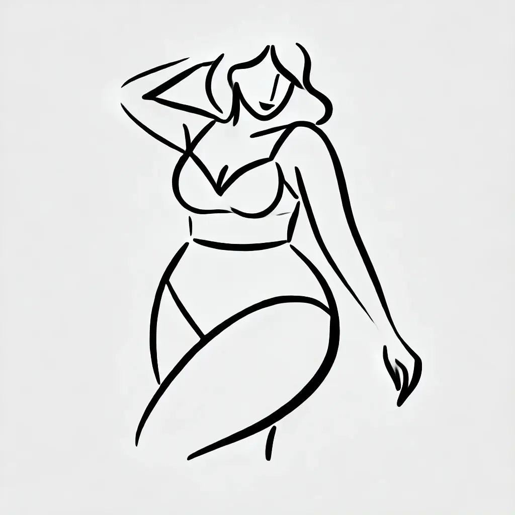 A simple black-and-white outline illustration of a curvy woman in a natural pose.