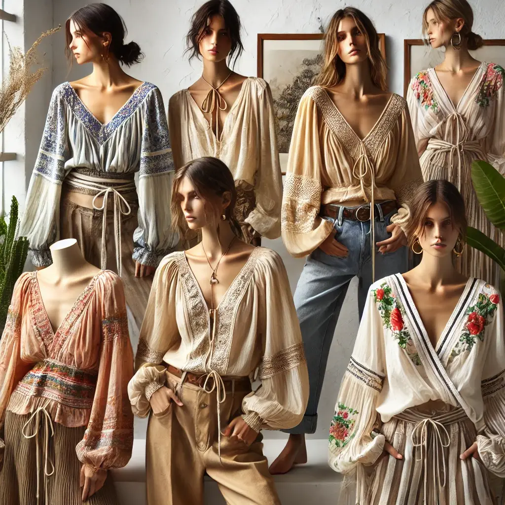 A high-quality modern image showcasing contemporary peasant blouse designs. The image features multiple styles that blend timeless elements with modern fashion trends.