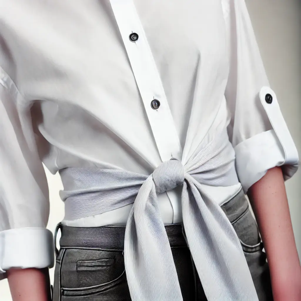 A high-quality image showcasing a button-down shirt styled with the tie-front technique.