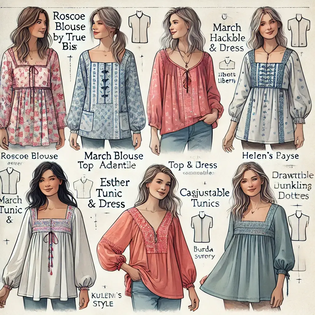 A high-quality, simple image showcasing popular sewing patterns for peasant blouses, designed for DIY enthusiasts.