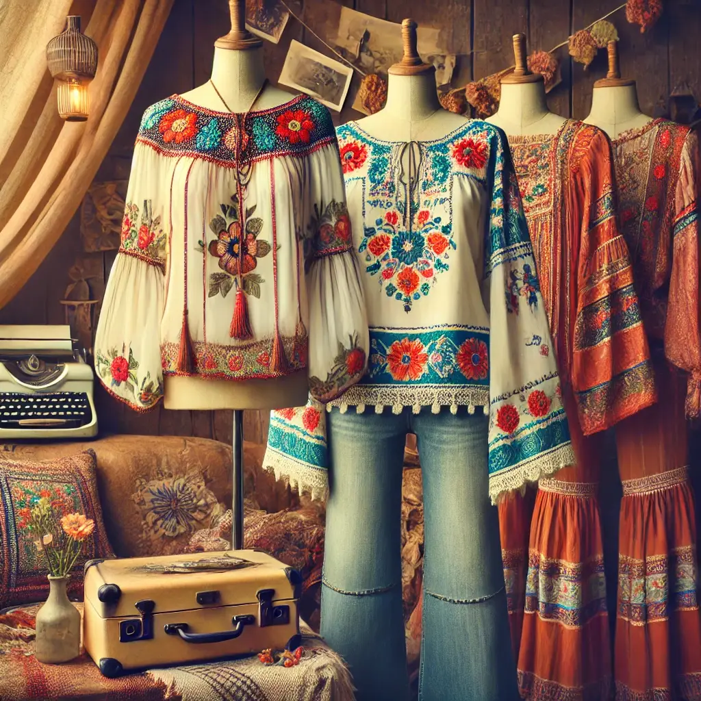 A vintage-style image capturing peasant blouses as they appeared in the 1970s.