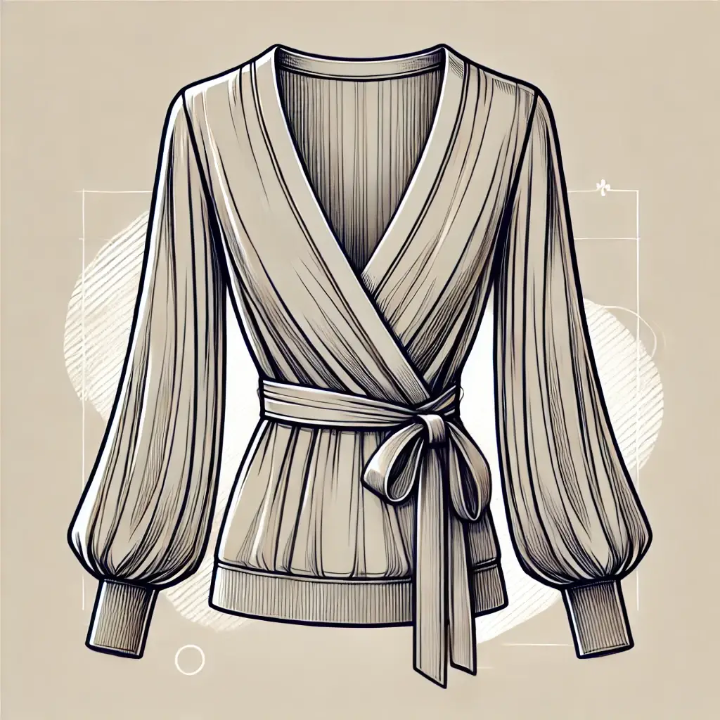 An elegant illustration of a women's wrap blouse, designed with a flattering v-neckline, long sleeves, and a tied sash at the waist.