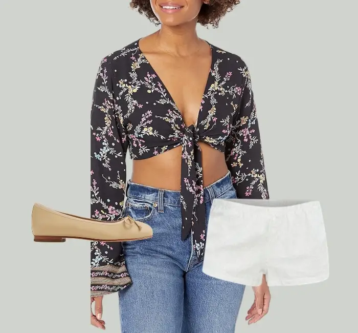 Chic casual outfit featuring a floral tie-front blouse paired with denim jeans, white linen shorts, and beige ballet flats for a relaxed yet stylish vibe.