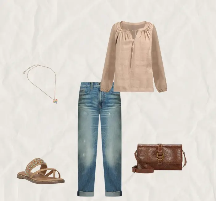 Flat lay featuring a beige peasant blouse styled with cuffed jeans, brown leather crossbody bag, strappy sandals, and a delicate necklace for a casual chic look.