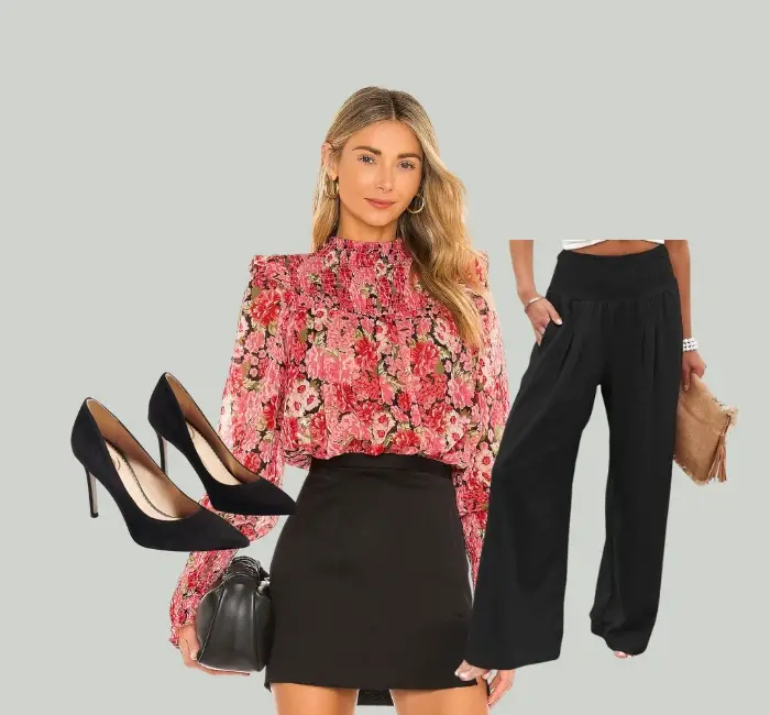 Elegant outfit idea featuring a floral high-neck blouse paired with a black skirt and black heels, alongside black wide-leg trousers for a versatile alternative.