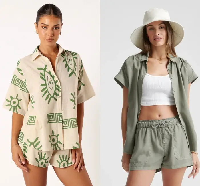 Two stylish women showcasing casual summer outfits: a matching beige and green printed tie-front blouse with shorts, and a light green button-up shirt with drawstring shorts, paired with a tank top and bucket hat.