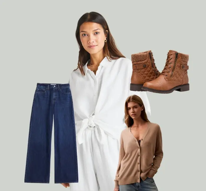 A woman wearing a white tie-front blouse paired with high-waisted wide-leg jeans and ankle boots, showcasing versatile tie front blouse outfit ideas for various occasions.