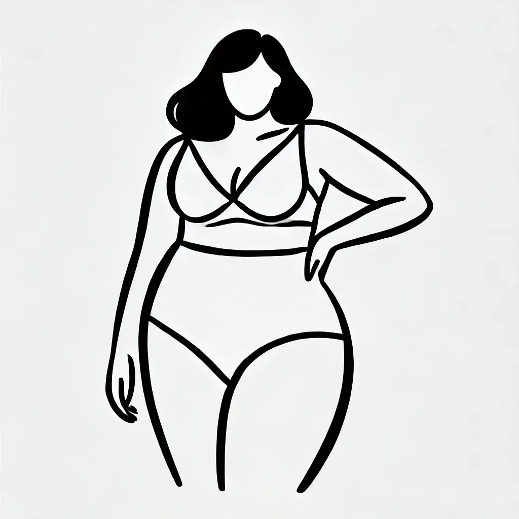 A simple black-and-white outline illustration of a plus-size woman with a fuller, larger body and more pronounced fat distribution.