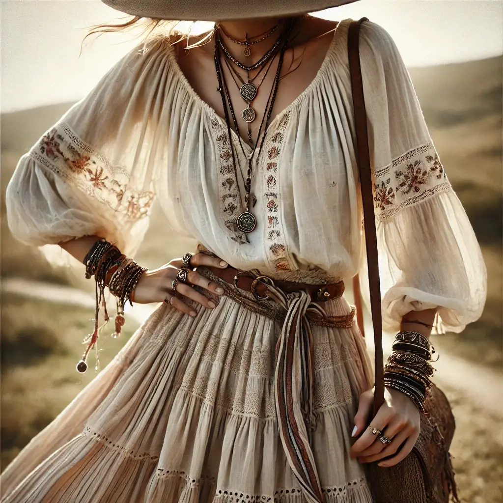 A high-quality, photorealistic image of a boho-chic ensemble featuring a peasant blouse paired with a flowing maxi skirt.