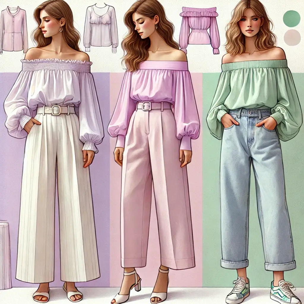 A pastel-themed image showcasing how to style off-the-shoulder blouses in 2025.