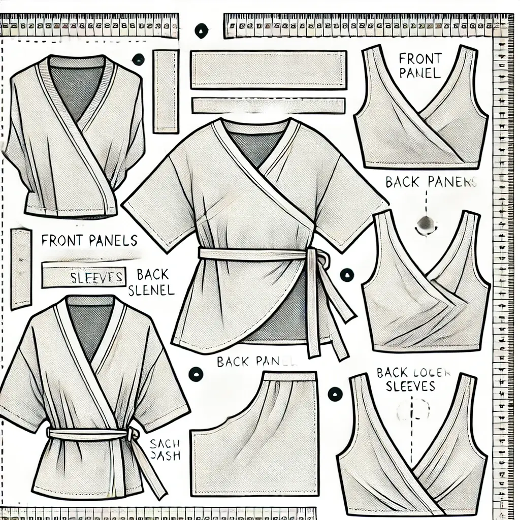 An instructional illustration showing a DIY wrap blouse cut-up design.