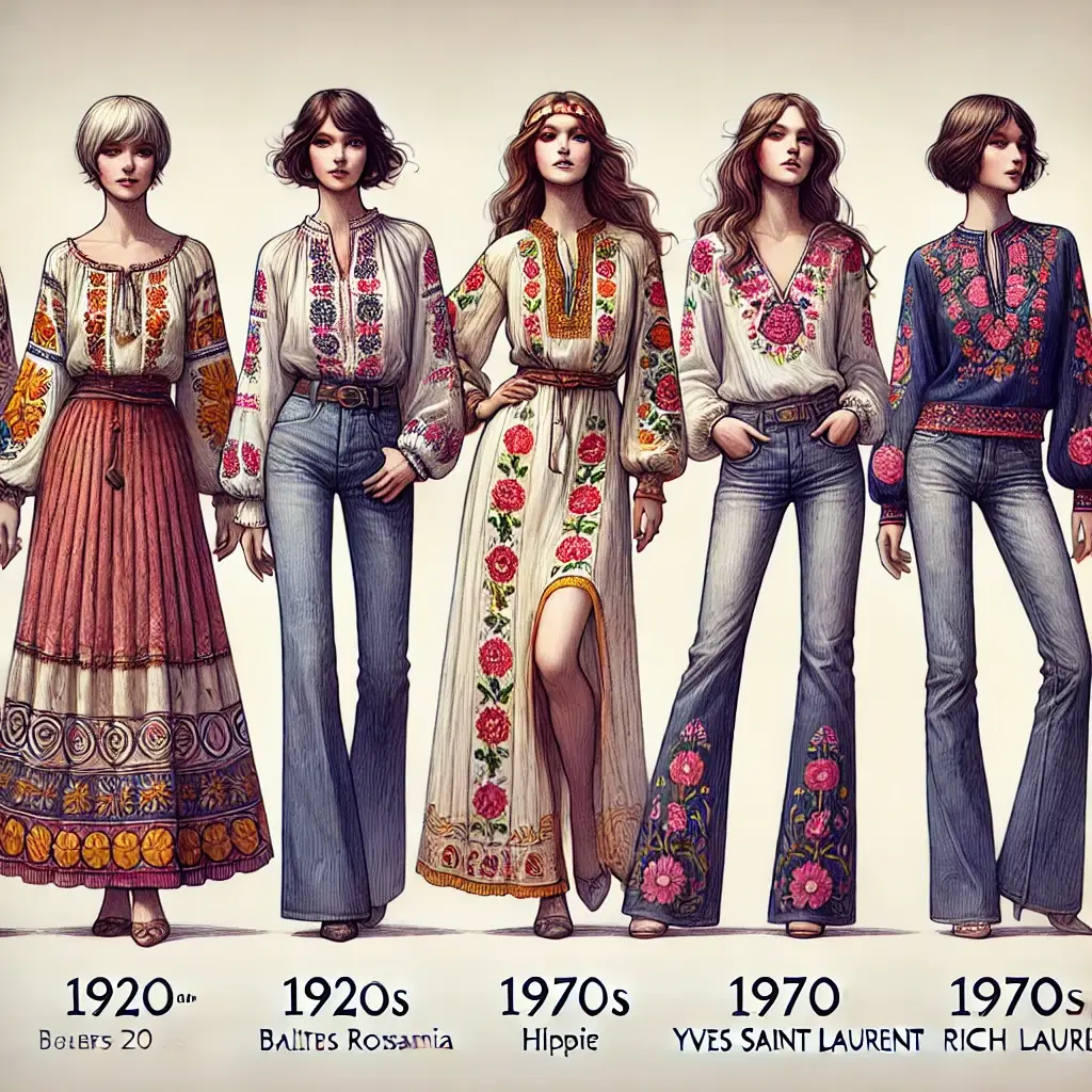 A single cohesive image showcasing the evolution of the peasant blouse through four distinct time periods.