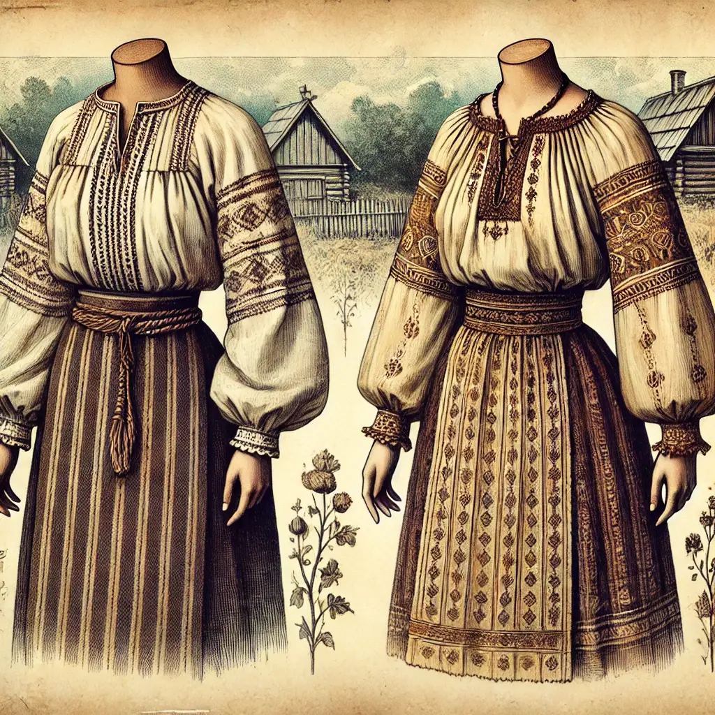 A vintage illustration showcasing the origins of the peasant blouse, inspired by traditional Eastern European folk attire.