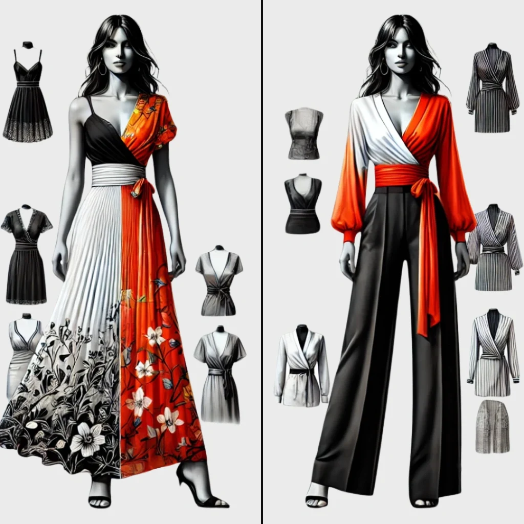 A visually engaging comparison image featuring a stylish wrapper dress on one side and a wrap blouse on the other.