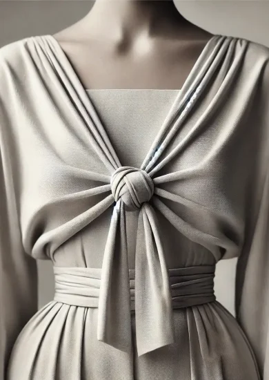 A single high-quality image showing the final result of a square knot method for tying a blouse in the front.