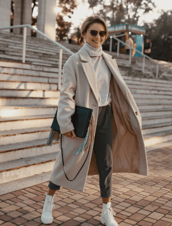 Stylish confident fashionable woman walking in street in elegant style coat, building a stylish wardrobe.