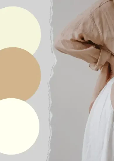 Featured image for the article 'How to Find Your Neutral Undertone Skin,' showcasing three neutral tones in circles (ivory, light beige, and soft tan) next to a woman dressed in earth-toned clothing, highlighting the versatility of neutral undertone skin in fashion and style.