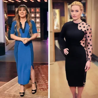 Kelly Clarkson and Kate Winslet, both apple shaped body celebrities, showcasing stylish outfits that highlight their figures. Kelly Clarkson is wearing a blue midi dress with a v-neck and vertical stripes, enhancing her silhouette. Kate Winslet is dressed in a black dress with a polka dot mesh panel, emphasizing her waist and curves.