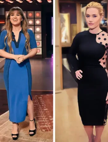 Kelly Clarkson and Kate Winslet, both apple shaped body celebrities, showcasing stylish outfits that highlight their figures. Kelly Clarkson is wearing a blue midi dress with a v-neck and vertical stripes, enhancing her silhouette. Kate Winslet is dressed in a black dress with a polka dot mesh panel, emphasizing her waist and curves.