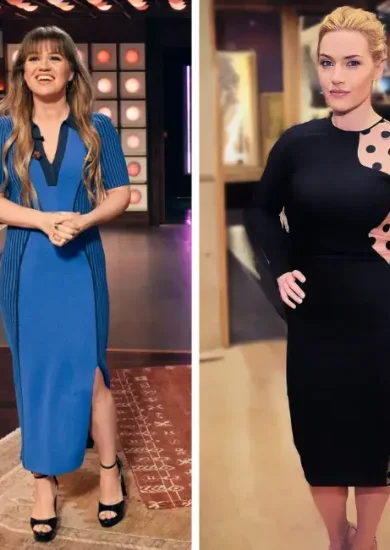 Kelly Clarkson and Kate Winslet, both apple shaped body celebrities, showcasing stylish outfits that highlight their figures. Kelly Clarkson is wearing a blue midi dress with a v-neck and vertical stripes, enhancing her silhouette. Kate Winslet is dressed in a black dress with a polka dot mesh panel, emphasizing her waist and curves.