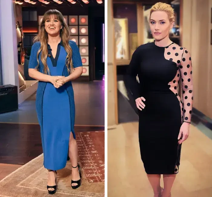 Kelly Clarkson and Kate Winslet, both apple shaped body celebrities, showcasing stylish outfits that highlight their figures. Kelly Clarkson is wearing a blue midi dress with a v-neck and vertical stripes, enhancing her silhouette. Kate Winslet is dressed in a black dress with a polka dot mesh panel, emphasizing her waist and curves.