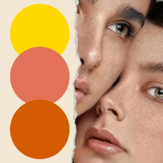 A creative design illustrating 'how to find warm undertone.' The image features a face divided into four sections with different skin tones, and three color swatches: yellow, peach, and terracotta, representing warm undertones.